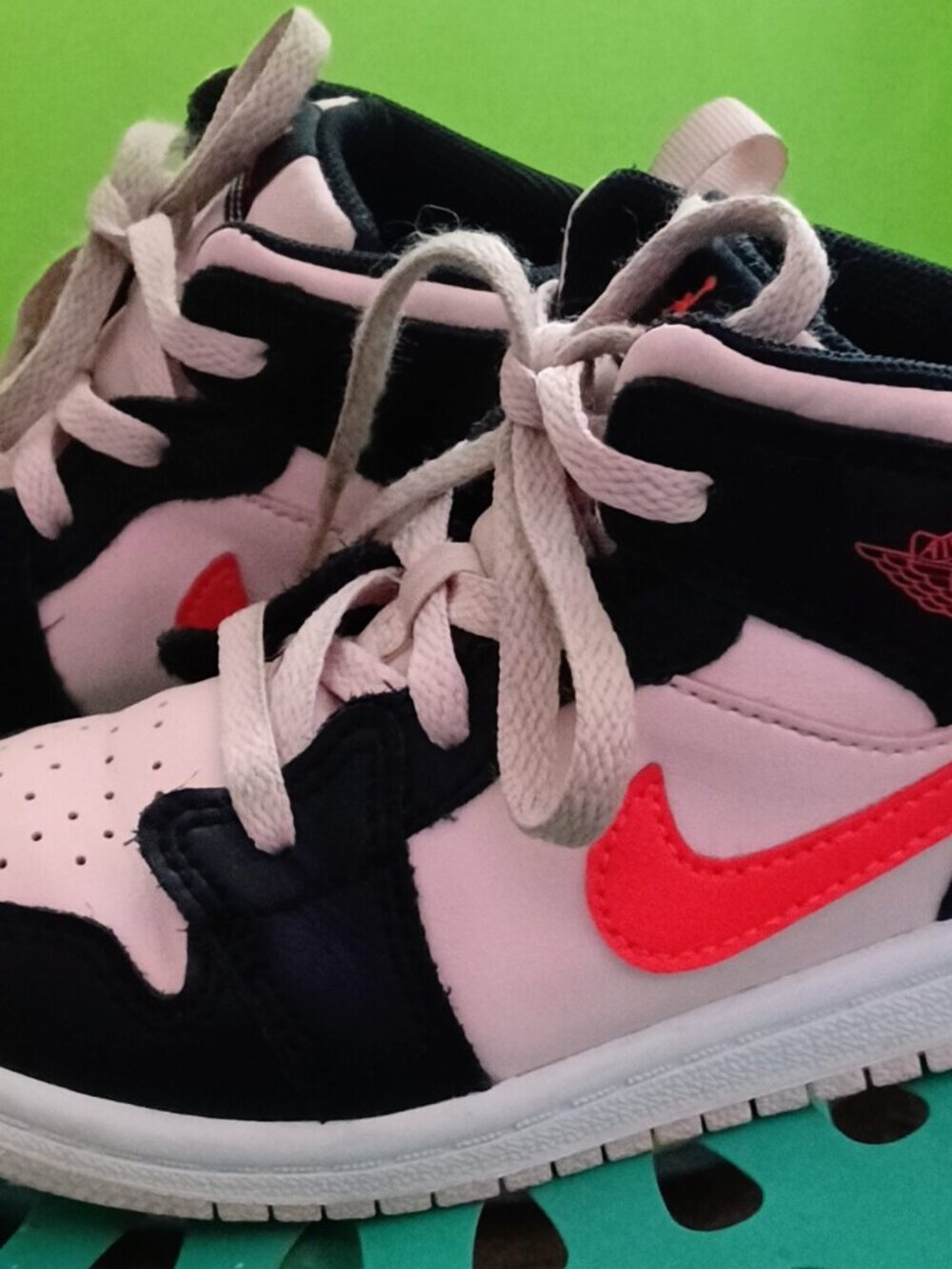 Size 10 children's Jordan Ones light pink and black with hot pink swoosh